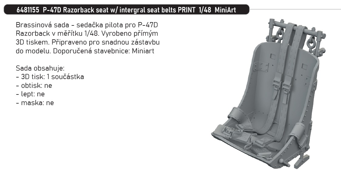 Fotografie 1/48 P-47D Razorback seat w/ intergral seat belts PRINT (MINIART)