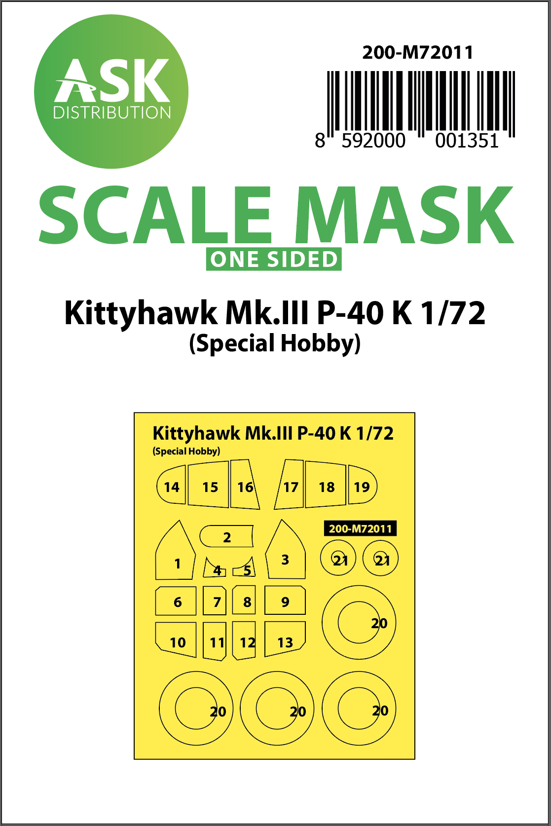 Fotografie 1/72 Kittyhawk Mk.III P-40 K one-sided painting mask for Special Hobby