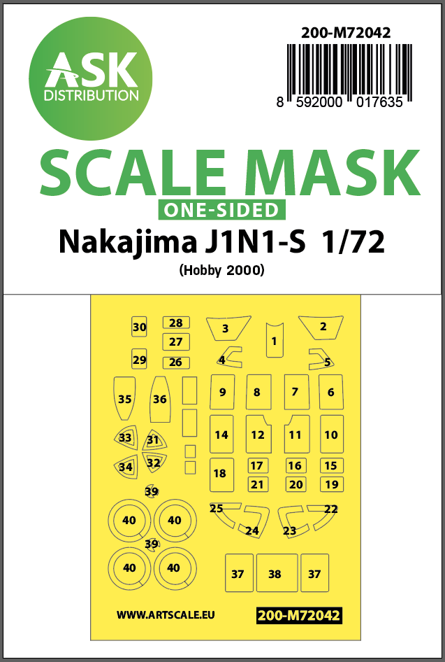 Fotografie 1/72 Nakajima J1N1-S one-sided painting mask for Hobby2000 / Fujimi