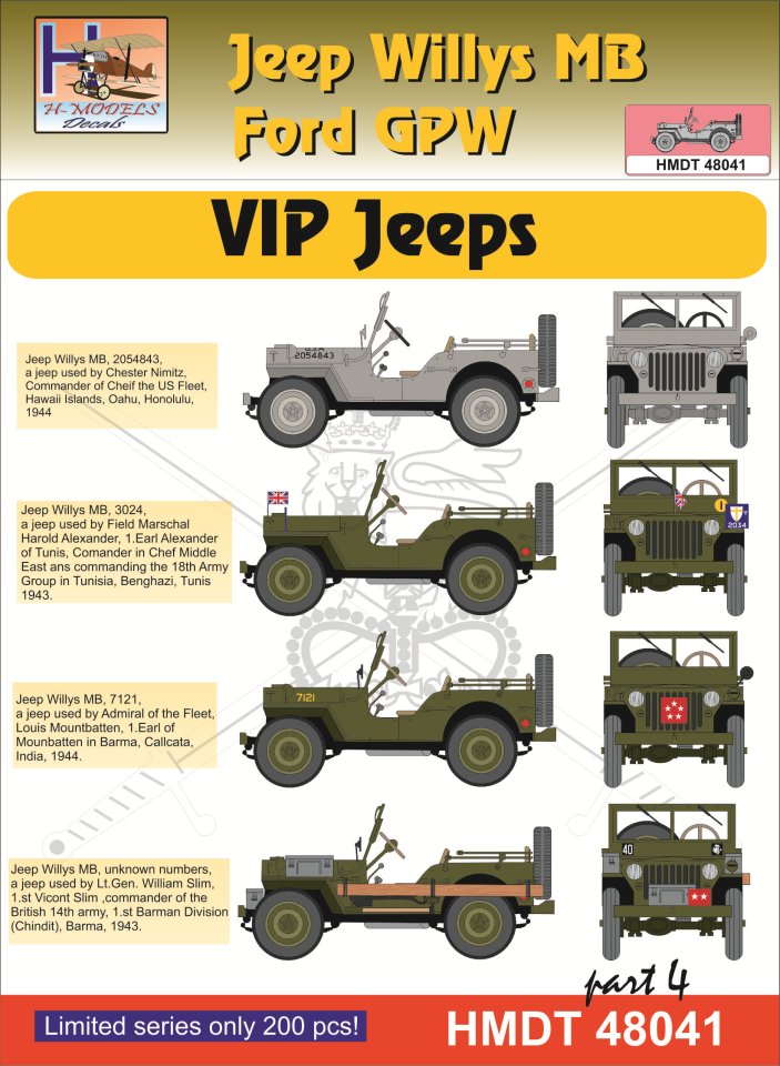 1/48 Decals Jeep Willys MB/Ford GPW VIP Jeeps 4