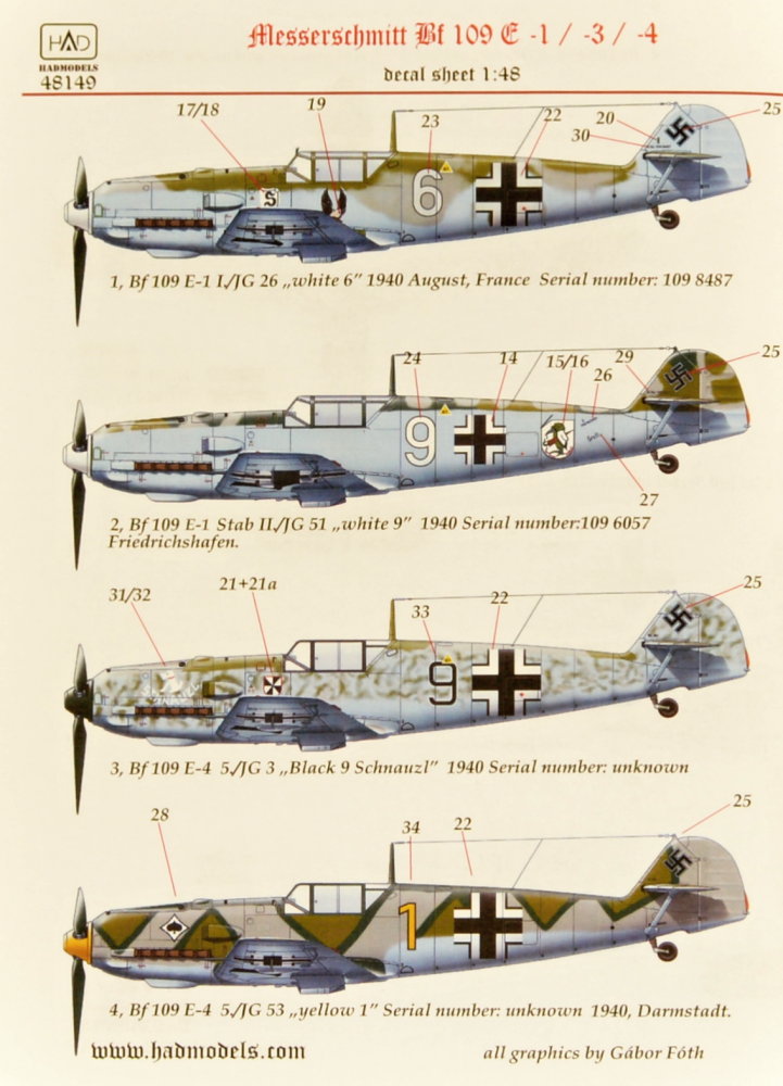 1/48 Decal Bf 109E1/E3/E4 (4x camo) Part 2