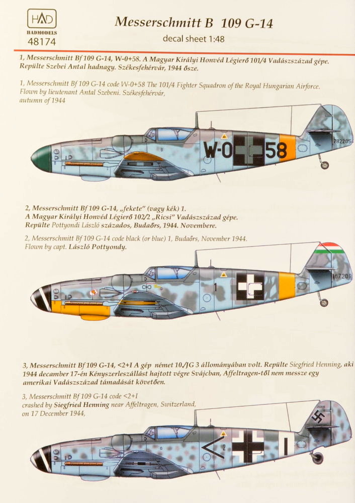 1/48 Decal Messerschmitt Bf 109G-14 (3x camo)