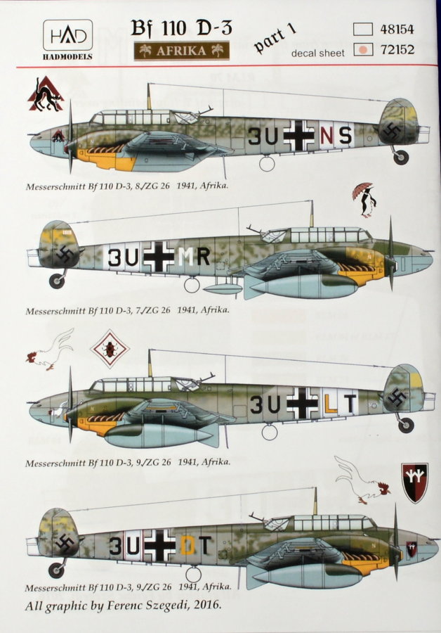 1/72 Decal Bf 110 D-3/E-2 'AFRIKA' Part 1