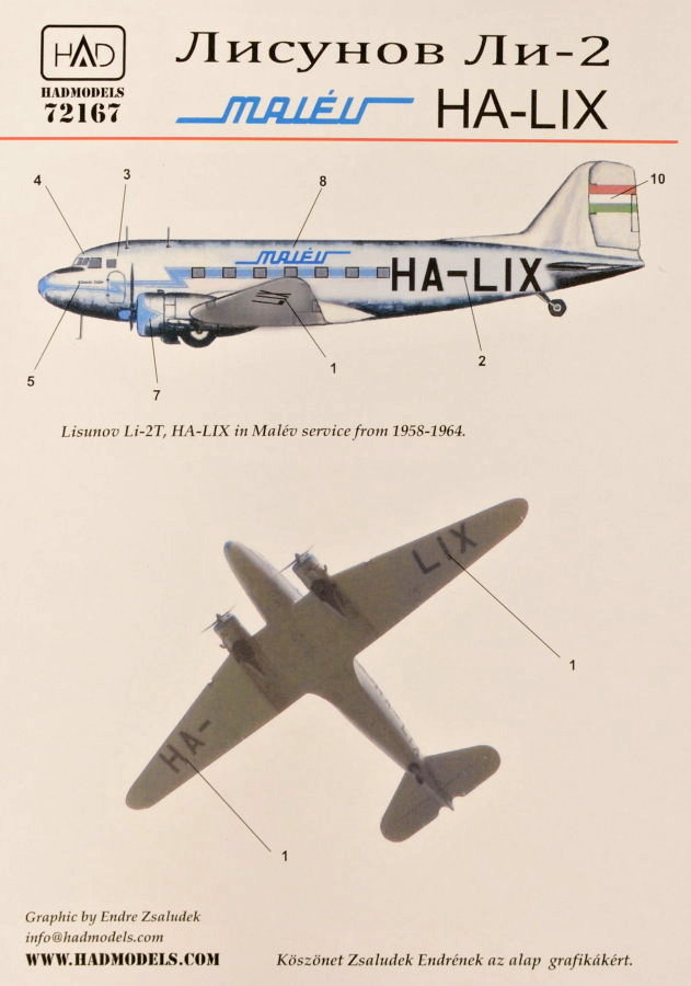 1/72 Decal Lisunov Li-2 Malév (HA-LIX)