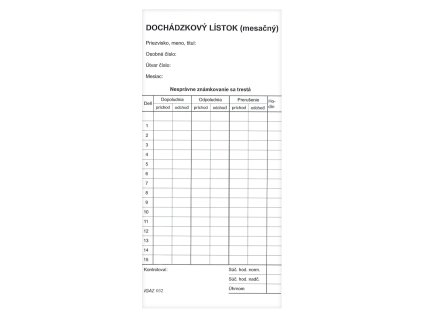 2838 sk dochadzkovy listok mesacny 9x19 cm 62 php