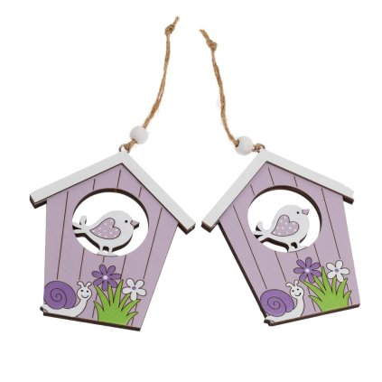 ZÁVES DOMČEK S VTÁČIKOM DREVO S/2 9x10CM FIALOVÝ