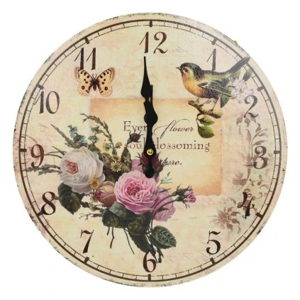 HODINY NÁSTENNÉ MDF DIA 34CM RUŽE+VTÁK