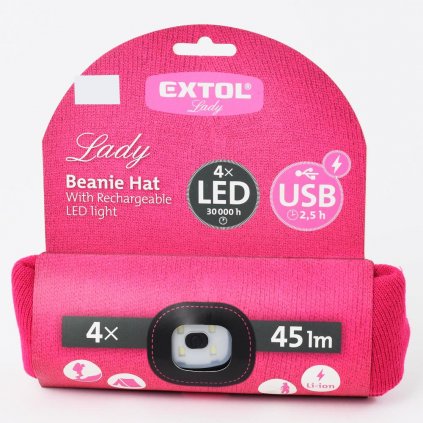 AKCIA!!!Čiapka s čelovkou, RUŽOVÁ 4x LED,45lm, 300aMh USB nabíjanie