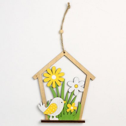 ZÁVES DOMČEK KVETY DREVO 13,2x1,5x15,3CM ŽLTÝ