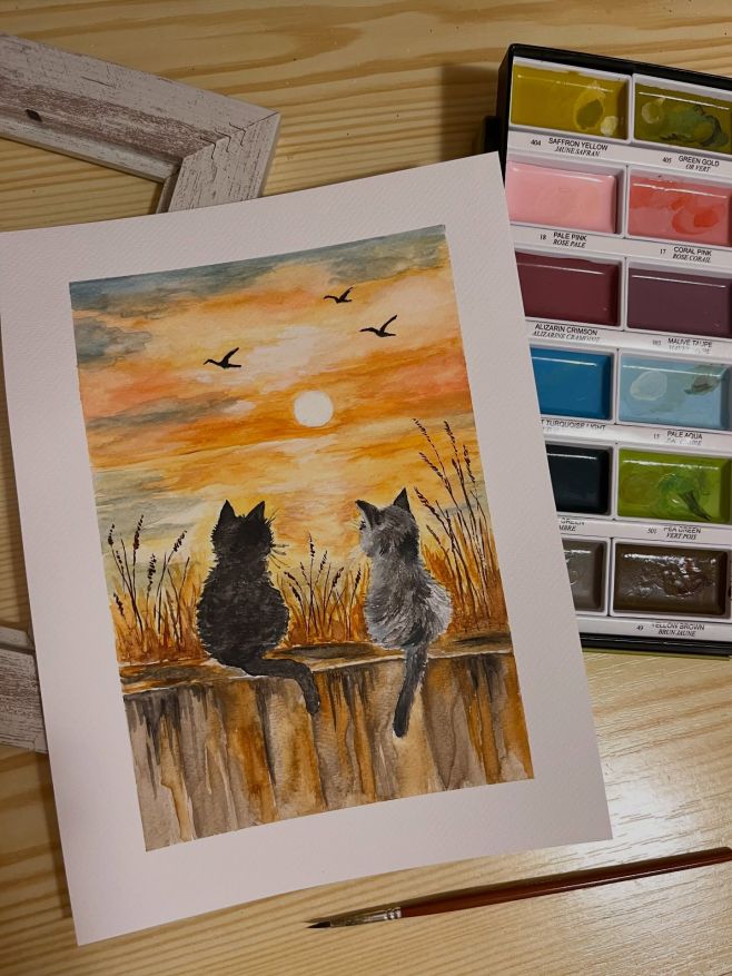 Akvarel 🧡 “kočičí šepot”🧡 🐈🐈‍⬛🐈🐈‍⬛🐈🐈‍⬛ … podvečerní malování … #akvarel #original #cat #love #homesweethome