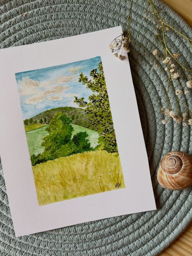 Jarní krajina u nás na Házově kopci, akvarel v rámečku, (malováno podle vlastní fotky) autor: Hana Bořecká, DiS. 😊🌳🏡🌾🌼🧡...