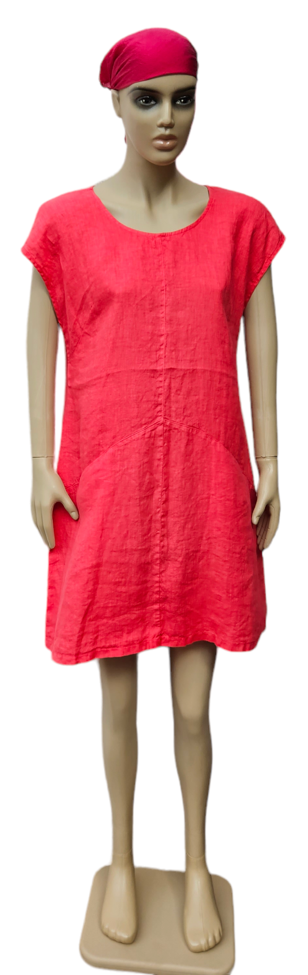 Lněné šaty v melounové barvě - střih "A" s kapsami