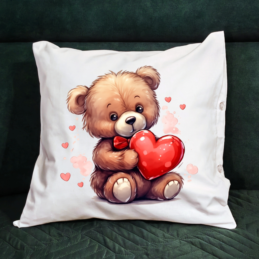 vankúš s potlačou Medvedík z lásky, farba biela, obliečka 100% bavlna, výplň vnútro 100% polyster a porch 100% bavlna
