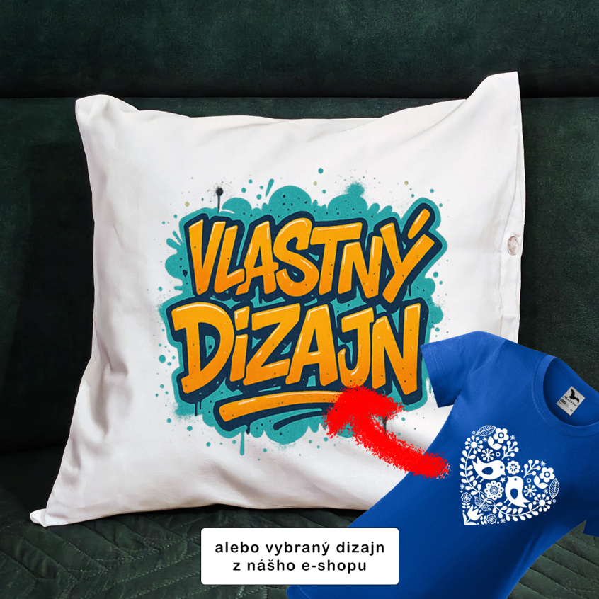 vankúš s potlačou Vlastný alebo vybraný dizajn, farba biela, obliečka 100% bavlna, výplň vnútro 100% polyster a porch 100% bavlna