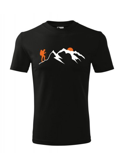 unisex tričko s potlačou Turista v horách pri západe slnka, farba čierna, 100% bavlna