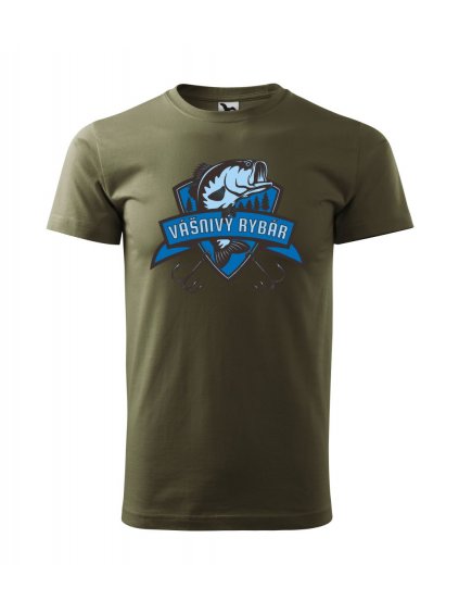 pánske tričko s potlačou Vášnivý rybár, farba military, 100% bavlna