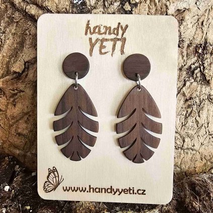 Dřevěné náušnice visací - palmové listy z černého ořechu