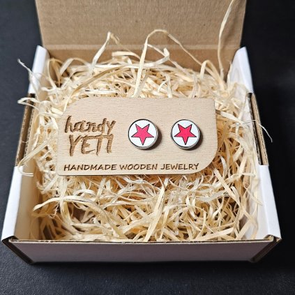 Dřevěné náušnice pecky červenobílá hvězda ze dřeva buku 12 mm ručně malované