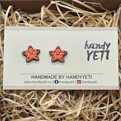 drevene nausnice morska hvezda oranzova 3