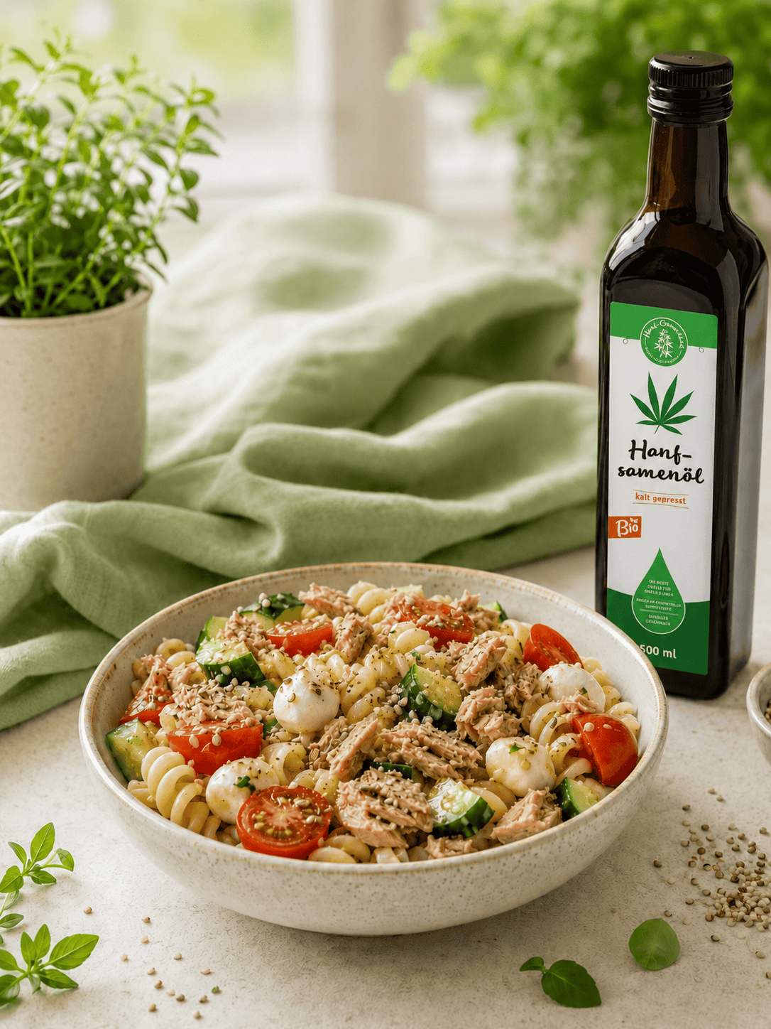 Schnelles gesundes Mittagessen: Nudelsalat mit Thunfisch und Hanföl