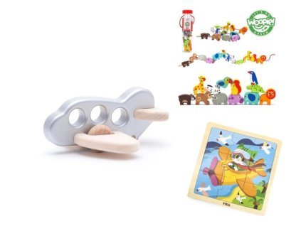 Dárková sada pro kluky – Dřevěné letadlo + Puzzle Letadlo + Navlékací bloky Safari (3 ks)