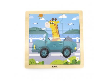 Dřevěná puzzle žirafa v autě 9 dílků|Hannel