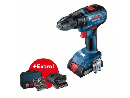 BOSCH GSR 18V-50 + 43 ks příslušenství + 2x 2,0 Ah baterie + taška na nářadí