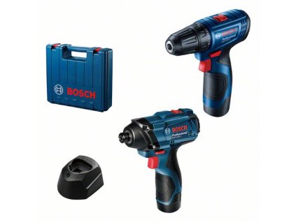 BOSCH GSR 120-Li + akumulátorový rázový utahovák GDR 120-Li + 2× akumulátor GBA 12V 2.0Ah + nabíječka GAL 1210 CV v kufříku (06019G8023)