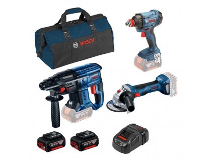BOSCH Kombinovaná sada: akumulátorové vrtací kladivo GBH 180-LI + akumulátorová úhlová bruska GWS 180-LI + akumulátorový rázový šroubovák/utahovák GDX 180-LI + 2× akumulátor 5,0 Ah ve velké brašně Professional