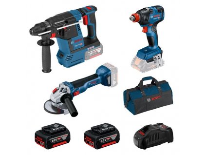 BOSCH Kombinovaná sada: akumulátorové vrtací kladivo GBH 18V-26 + akumulátorový rázový šroubovák/utahovák GDX 18V-200 + akumulátorová úhlová bruska GWS 18V-10 + 2× akumulátor 5,0 Ah v brašně na nářadí Professional