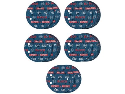 BOSCH 55dílná sada brusných kotoučů EXPERT O780 s fólií, 125 mm, G60 (5×); G80 (15×); G120 (15×); G180 (15×), G240 (5×)