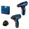 BOSCH GSR 120-Li + akumulátorový rázový utahovák GDR 120-Li + 2× akumulátor GBA 12V 2.0Ah + nabíječka GAL 1210 CV v kufříku (06019G8023)