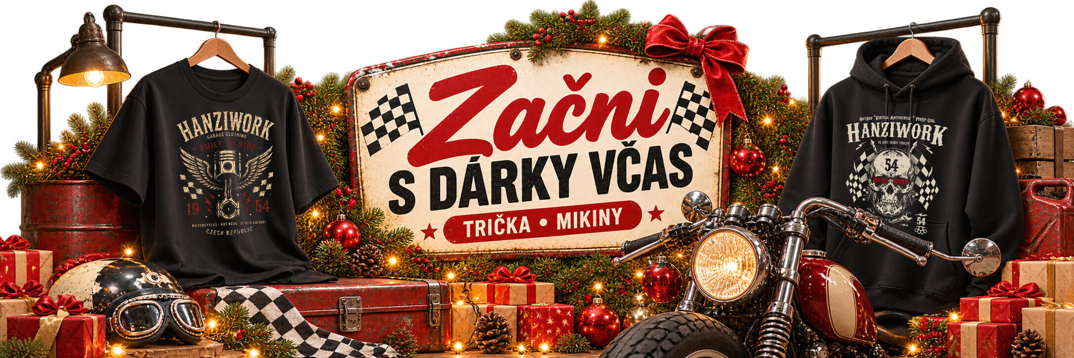 Vánoční banner Hanziwork s černým tričkem a černou mikinou bez potisku, retro motorkou, dárky a nápisem Začni s dárky včas.
