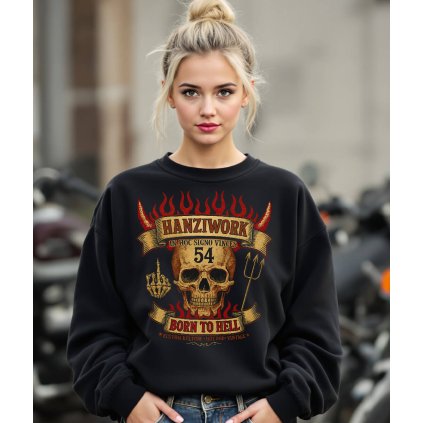 Dámská Černá Mikina Přes Hlavu Bez Kapuce Born To Hell Modelka komprese