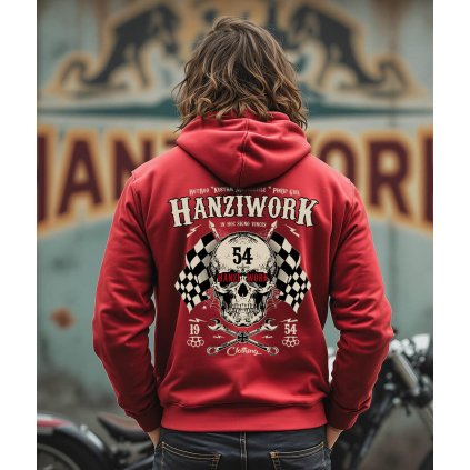 Pánská Mikina Na Zip Červená Hanziwork Skull Záda Model komprese