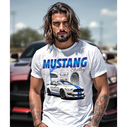 Pánské Bílé Tričko S Krátkým Rukávem Mustang Shelby Model komprese