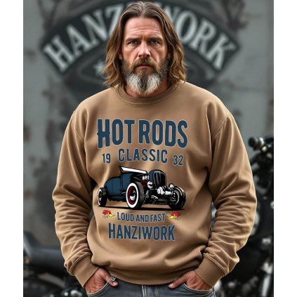 Pánská Mikina Přes Hlavu Bez Kapuce Union Béžová Hanziwork Hot Rods Classic 1932 Model komprese