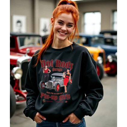 Dámská Mikina Přes Hlavu Bez Kapuce Hot Rods And Pin Up modelka komprese