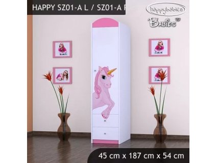 Skříň Happy SZ01 - princezna a jednorožec (Barva bílá, Otevírání dvířek pravé, Vnitřek skříně šatní tyč)
