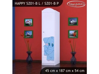 Skříň Happy SZ01 - modrý slon (Barva bílá, Otevírání dvířek pravé, Vnitřek skříně šatní tyč)