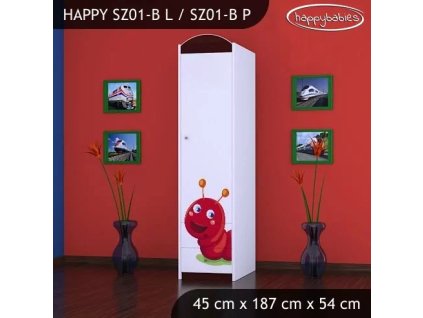 Skříň Happy SZ01 - veselá housenka (Barva bílá, Otevírání dvířek pravé, Vnitřek skříně šatní tyč)