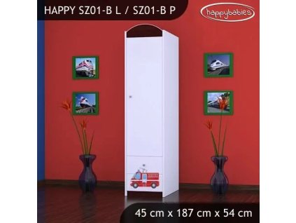 Skříň Happy SZ01 - hasičské auto (Barva bílá, Otevírání dvířek pravé, Vnitřek skříně šatní tyč)