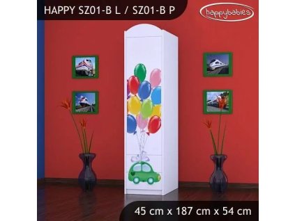 Skříň Happy SZ01 - zelené auto s balonky (Barva bílá, Otevírání dvířek pravé, Vnitřek skříně šatní tyč)