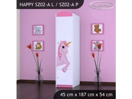 Skříň Happy SZ02 - princezna a jednorožec (Barva bílá, Otevírání dvířek pravé, Vnitřek skříně šatní tyč)