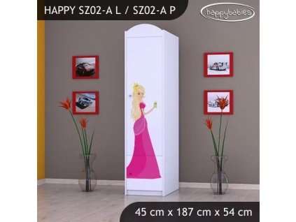 Skříň Happy SZ02 - princezna se zámkem (Barva bílá, Otevírání dvířek pravé, Vnitřek skříně šatní tyč)