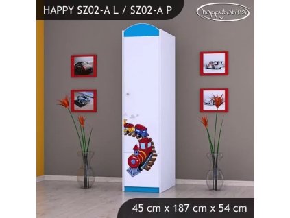 Skříň Happy SZ02 - vláček (Barva bílá, Otevírání dvířek pravé, Vnitřek skříně šatní tyč)