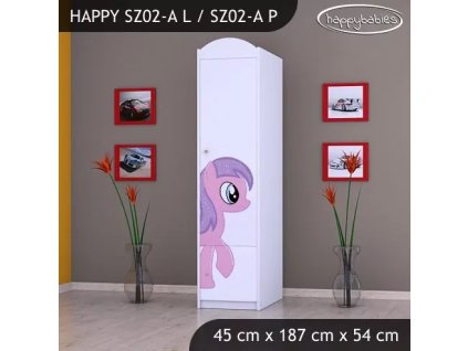 Skříň Happy SZ02 - růžový pony (Barva bílá, Otevírání dvířek pravé, Vnitřek skříně šatní tyč)