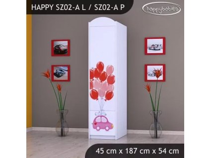 Skříň Happy SZ02 - růžové auto s balonky (Barva bílá, Otevírání dvířek pravé, Vnitřek skříně šatní tyč)
