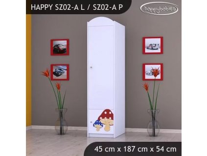 Skříň Happy SZ02 - růžový hříbeček (Barva bílá, Otevírání dvířek pravé, Vnitřek skříně šatní tyč)