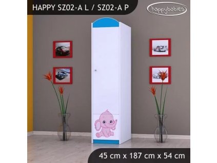 Skříň Happy SZ02 - růžový a modrý slon (Barva bílá, Otevírání dvířek pravé, Vnitřek skříně šatní tyč)